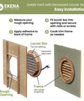 Diagram of Ekena Millwork gable vent installation with recessed louver box, showcasing steps to fit into rough opening.