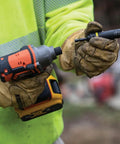 Person holding a 20V Battery Powered Impact Driver With One Quarter Inch Hex Quick Connect 210 Foot Pounds Max Torque Brushless Motor Compact Design