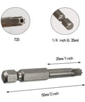 Close-up of a 10 Piece 2 Inch Torx T27 Bit Set With One Quarter Inch Hex Shank And Quick Release, showing dimensions and T20 marking.