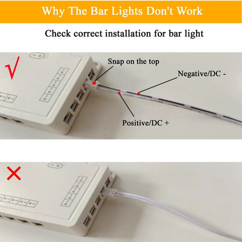 Correct and incorrect installation guide for Eight Pack 3000K LED Lights For Wood Slat Walls And WPC Panels Self Adhesive with touch switch