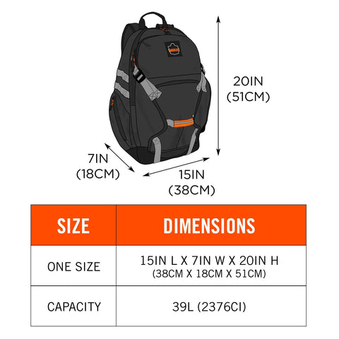 Arsenal 5188 Jobsite Backpack with Hard Hat Storage, 39L Capacity, 600D Ripstop, dimensions 15x7x20 inches, black design