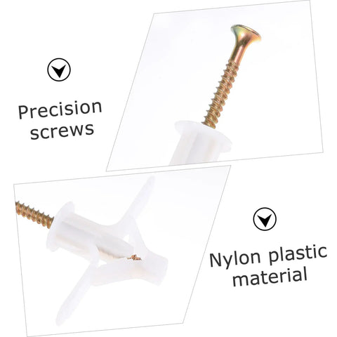 Close-up of Nylon Expansion Screws Kit For Gypsum Board Drywall Projects Diy Friendly 100-Piece Anchor Set showing screws and plastic material.