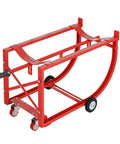 Heavy Duty Drum Dolly For 55 Gallon Barrels, 600 Pound Steel Cart With Smooth Glide Casters, red frame with comfort grips.