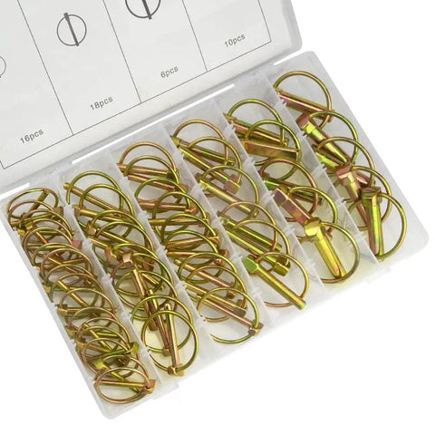 Open case showing 50 Piece Heavy Duty Lynch Pin Fastener Assortment Kit With Ring For Farm Tractor Trailer Boat And Bike Zinc Plated Steel Lynch Pins