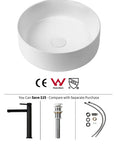 Ceramic Vessel Sink Set 14.4 Inch Round Matte White Above Counter Basin With Faucet And Pop Up Drain Modern Bathroom Vanity