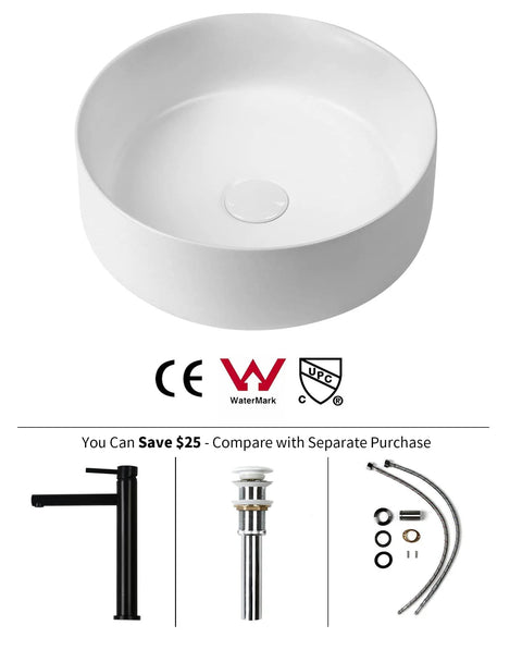 Ceramic Vessel Sink Set 14.4 Inch Round Matte White Above Counter Basin With Faucet And Pop Up Drain Modern Bathroom Vanity
