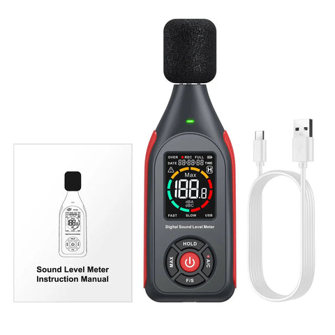 Pro-Grade Digital Sound Level Meter With Data Logger handheld device with condenser microphone, USB cable and manual