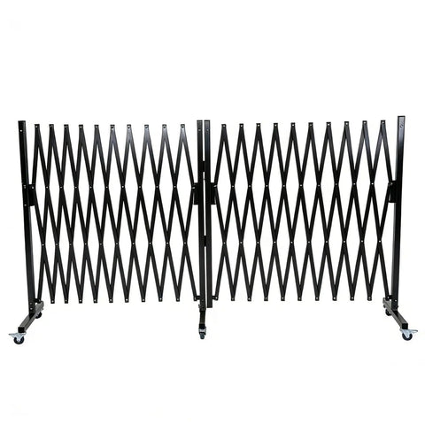 Straight Up Solid Expandable Metal Barricade With Quick Lock Scissor Gate Roll With Ease, black metal barrier with wheels.