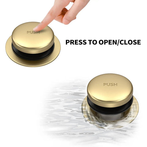 Slick Brushed Gold Tub Drain And Overflow Kit, Universal Heavy Duty Bath Stopper with push button action for easy use.