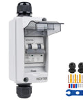 Rock Solid Solar Panel Disconnect Switch With 30 Amp And 550 VDC Rating Featuring IP65 Weatherproof Outdoor Enclosure viewed from front with protective cover open.