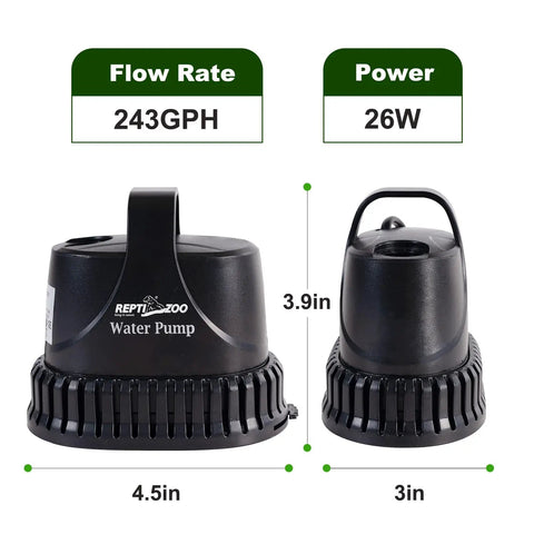 Low Water Level Drain Pump 243 GPH 26W Submersible With Bottom Suction for Turtle and Fish Tanks shown with dimensions