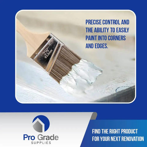 12 Pack 2.5 Inch Angle Paint Brushes For Easy Cut In Walls And Trim With Thick Synthetic Filament For More Paint And Fewer Streaks, showcasing precise edge painting on a surface with durable wood handle.
