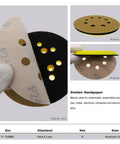 Premium 5 Inch Dry Sanding Discs With Hook Loop System Featuring Durable Aluminum Oxide Abrasive Paper for smooth woodwork and metal finishing.