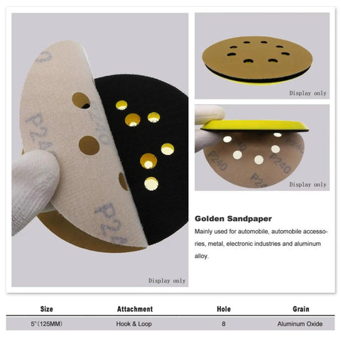 Premium 5 Inch Dry Sanding Discs With Hook Loop System Featuring Durable Aluminum Oxide Abrasive Paper for smooth woodwork and metal finishing.