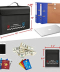 Fireproof Document And Money Bag Set For Home And Office With Lockable Zipper Waterproof Build 17x12x6 Inch Document Tote And 7x9 Inch Cash Pouch Heavy Duty Fire Resistant Storage For Papers And Valuables, showing sizes and contents.