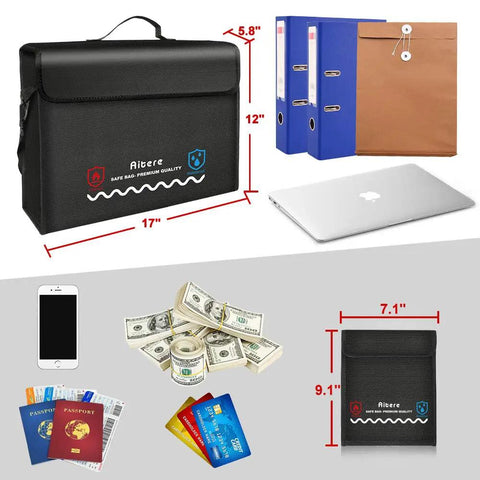 Fireproof Document And Money Bag Set For Home And Office With Lockable Zipper Waterproof Build 17x12x6 Inch Document Tote And 7x9 Inch Cash Pouch Heavy Duty Fire Resistant Storage For Papers And Valuables, showing sizes and contents.