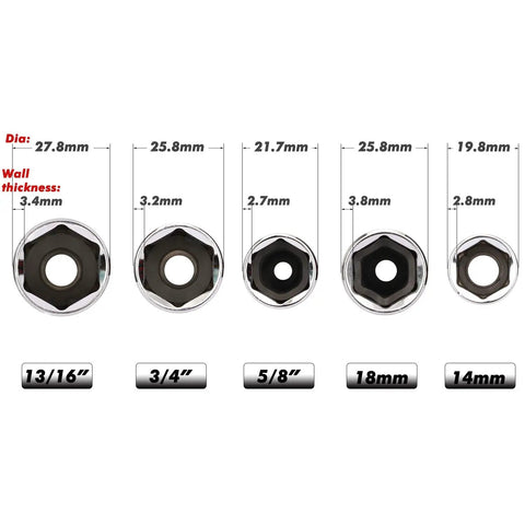 3/8 Inch Drive Spark Plug Socket Set, 6 Point, Pro Grade, Includes 5/8 Inch, 3/4 Inch, 13/16 Inch, 14Mm And 18Mm Sockets, front view