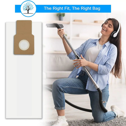 U L O Type Vacuum Bags For Upright Vacuums Compatible With Kenmore 5068 50688 50690 50105 Miele S170 S180 S183 S184 And Panasonic U2 With Eight Pack And Foam Filter For Easy Installation next to woman vacuuming
