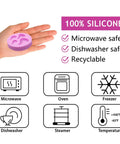 Hand holding Hot Air Balloon Silicone Molds for chocolate, fondant and cake decorating, cupcake toppers, with safety icons.