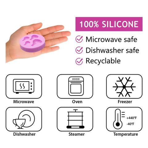 Hand holding Hot Air Balloon Silicone Molds for chocolate, fondant and cake decorating, cupcake toppers, with safety icons.