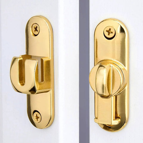 Gold 90/180 Degree Barn Door Latch With Right Angle Mount Zinc Alloy Flip Lock on white door, front view, installed
