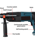 Side view of Three In One Electric Hammer Drill Kit showing function switch, vents, and vice handle for concrete and more
