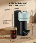 Vertuo Next Coffee And Espresso Maker By De'Longhi on kitchen counter, sleek compact design, jade color, multiple cup sizes