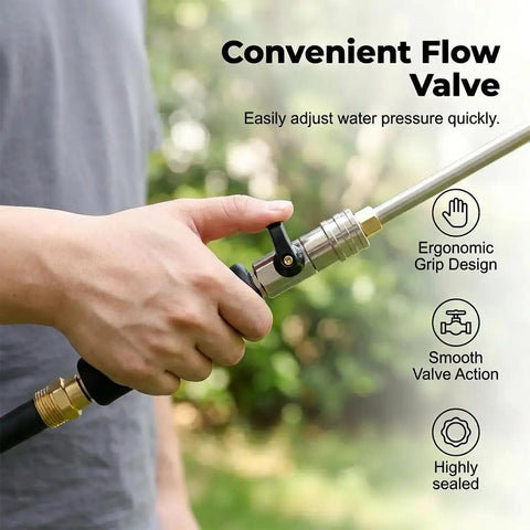 Person adjusting flow valve on Heavy Duty High Pressure Washer Wand With Hydro Jet Power Spray Attachment For Cars, Patios, Gutters, Windows And More