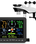 All In One Indoor Outdoor Weather Station With Rain Gauge And Wind Speed, Forecast, Temperature, Humidity, Moon Phase, Alarm Clock, Backlit 7.5 Inch Color Display, Easy To Read Large Display, No WiFi Needed, showing weather data.