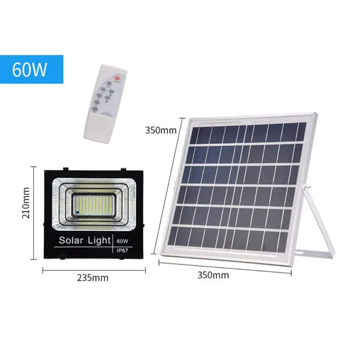JUDYSSY Creative Ip67 Waterproof 108 LEDs 60W Solar Security Lights with remote control and solar panel measurements.