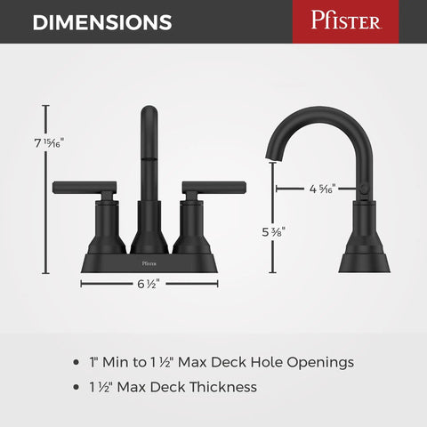 Capistrano Matte Black 4-In Centerset 3-Hole Bathroom Sink Faucet With Dual Handles Push and Seal Drain dimensions diagram