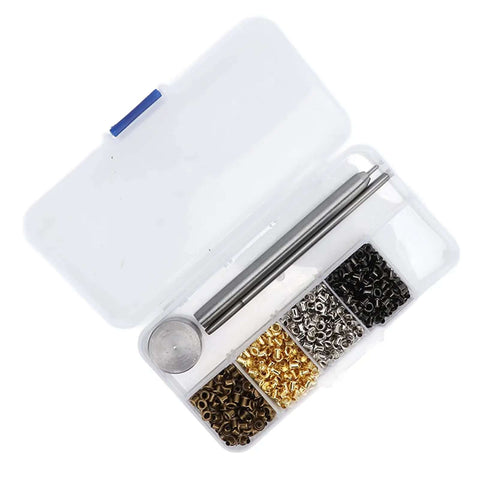 All In One Mini Grommet Kit For Do It Yourself Projects 800 Multi Color Eyelets in Gold Silver Bronze Gunmetal with tools in box