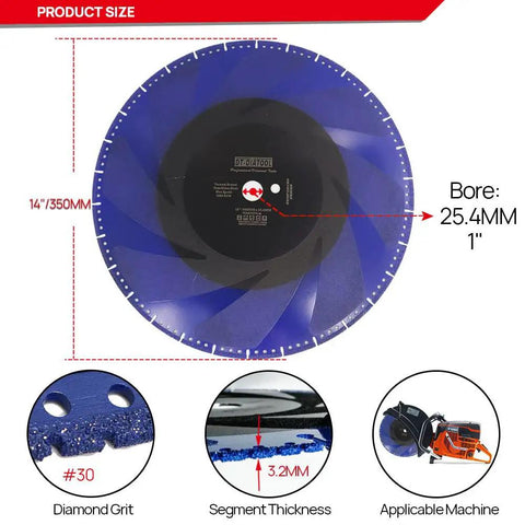 14 Inch Diamond Metal Cutting Disc All Purpose Cut Off Wheel That Handles Tough Jobs On Steel, Pipe, Stone, Concrete, Iron And Reinforced Materials High Speed 3.2mm Thick 25.4mm Bore Grit 30 with product details in infographic