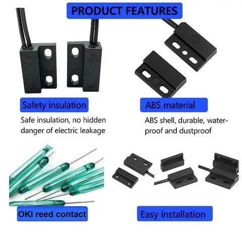 Five Pack Recessed Wired Security Window Gate Contact Sensor Alarm Magnetic Reed Switch Door Sensor Normally Closed Magnetic Switch With 10mm To 15mm Sensing Distance And 33cm Lead Wire For Easy Home Security Installations showing safety insulation, ABS material, OKI reed contact, and easy installation features