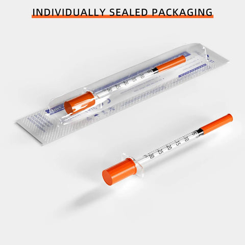100 Count U-100 0.3ml Lab Syringes Set, 31G 1/4 Inch Disposable, Individually Wrapped, Readable Graduations, Smooth Fit, Easy Fill For Accurate Dosing In Lab Work, sealed syringe package