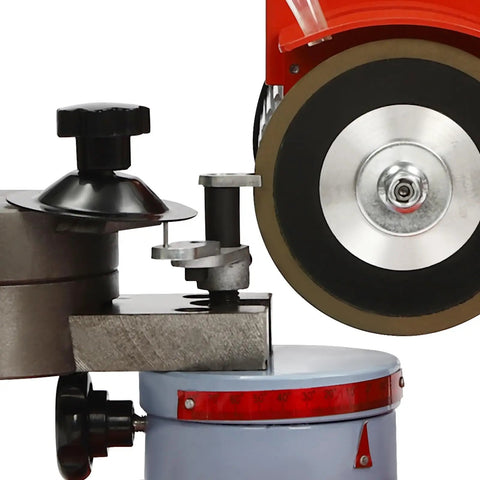 Close-up view of Circular Saw Blade Sharpener 370W angle mill grinder with precision adjustment features and water cooling tank.