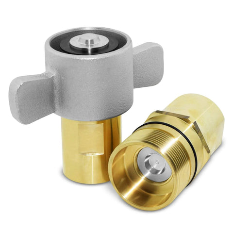 Front view of Summit Hydraulics 1 in NPT wet-line wing-nut hydraulic quick-disconnect coupling; brass body, gray wing-nut