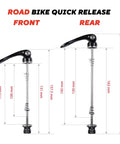 Front And Rear Quick Release Skewers For Road Bikes With CrMo Steel Axle And Aluminum Clamp High Strength Anti Corrosion Wheel Hub Skewers Durable 100mm Front And Compatible Rear Size For Secure Wheels, showing dimensions and design.