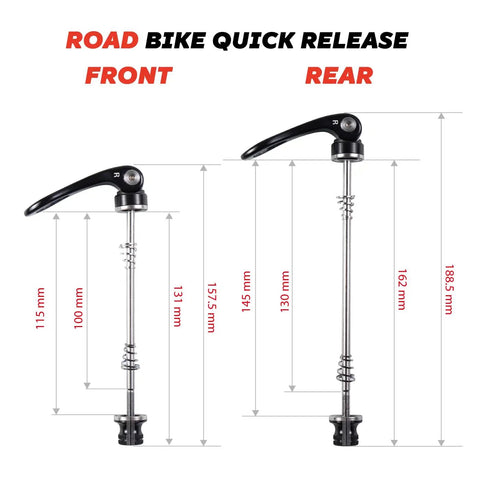 Front And Rear Quick Release Skewers For Road Bikes With CrMo Steel Axle And Aluminum Clamp High Strength Anti Corrosion Wheel Hub Skewers Durable 100mm Front And Compatible Rear Size For Secure Wheels, showing dimensions and design.
