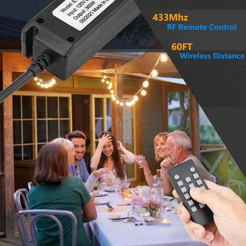 Outdoor String Light Dimmer 360W Max With Timed 6H And 8H Switches for patios, shown with remote, family dining under string lights.