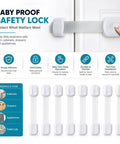 Baby Proofing And Kid Proofing Essentials Outlet Covers Cabinet Locks Drawer Safety Latches Door Stoppers And Strap Locks White 6 Pack displayed with features