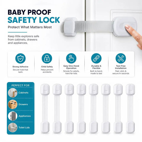 Baby Proofing And Kid Proofing Essentials Outlet Covers Cabinet Locks Drawer Safety Latches Door Stoppers And Strap Locks White 6 Pack displayed with features