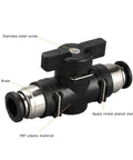 Durable Pneumatic Ball Valve 12mm x 12mm OD Push to Connect Fitting for Air and Hydraulic Lines, showing PBT body and nickel-plated copper