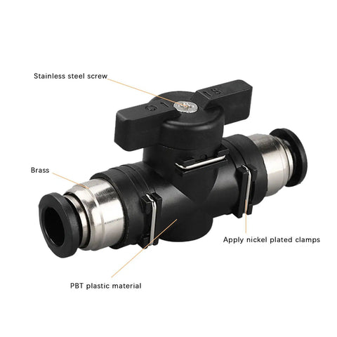 Durable Pneumatic Ball Valve 12mm x 12mm OD Push to Connect Fitting for Air and Hydraulic Lines, showing PBT body and nickel-plated copper