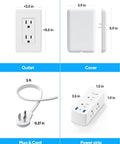 Ultra Flat Extension Cord With Outlet Cover And Power Strip That Fits Like A Glove In Tight Spaces Featuring Six Ac Outlets Plus Three Usb Quick Charge Ports Along With Five Foot Heavy Duty Cable And Reliable Safety Breakers parts layout with dimensions for outlet, cover, plug, cord, and power strip.