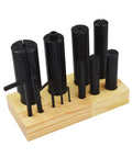 Expanding Arbors Set For Lathe And Milling Eight Piece Ring Mandrels From Quarter Inch To One And A Quarter Inch on wooden stand