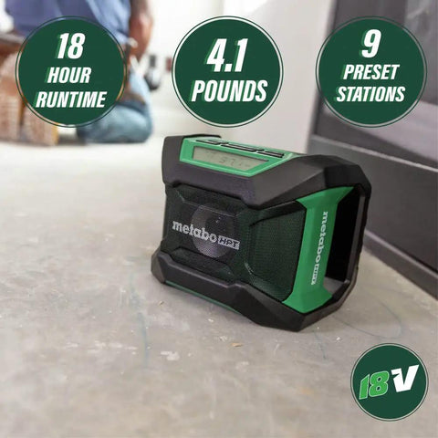 18V MultiVolt Cordless Bluetooth Radio With 15 Level Bass And Treble Equalizer showcased on a job site floor.