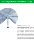 Feeler gauge, 32 stainless steel blades arranged in a fan for gap measurement