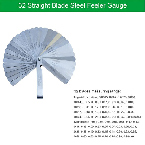 Feeler gauge, 32 stainless steel blades arranged in a fan for gap measurement