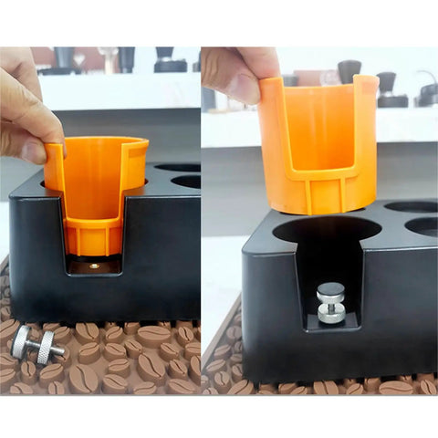Matte Black Coffee Tamping Station With Knock Box Powder Organizer For Espresso Prep showing an orange powder organizer insert.